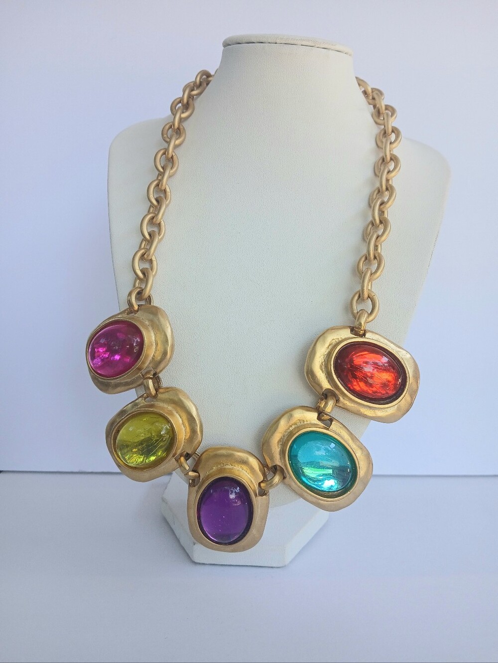 OMG! Vintage Vibrant Chunky Matte Gold Tone Giant Multi Color Jeweled Necklace